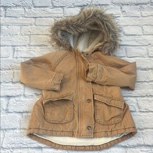 Children's Tan Hooded Coat with Faux Fur Trim